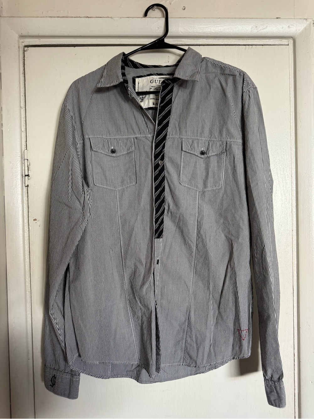GUESS Men’s Black & White Pinstripe Lightweight Shirt Jacket